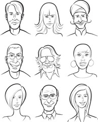 whiteboard drawing - various men and women faces collection