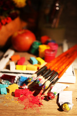 Beautiful still life with professional art materials, close up