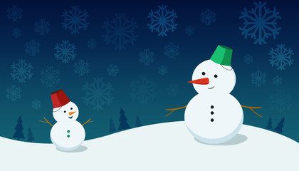 snowman family on dark background with snowflakes and trees