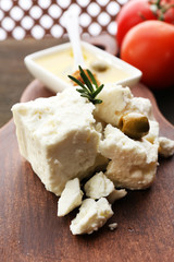 Feta cheese on table close-up