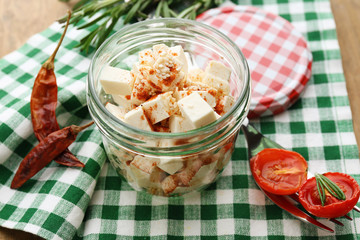 Feta cheese on table