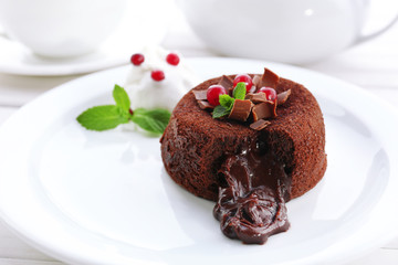Hot chocolate pudding with fondant centre, close-up