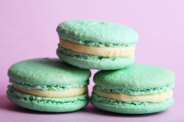 Gentle colorful macaroons on color background