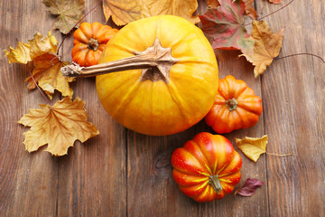 Ripe pumpkin on wooden background