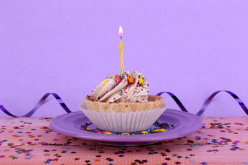 Birthday cup cake with candle with sparkles