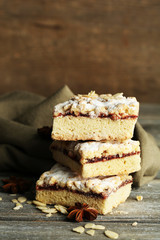 Tasty homemade pie on wooden table