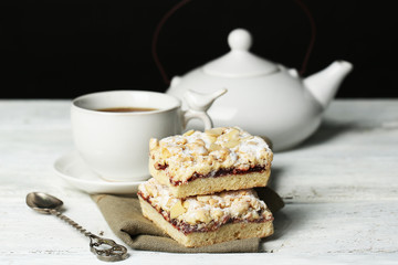 Tasty eclairs and cup of tea