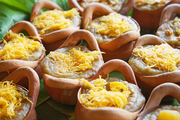 Mung Bean Thai Custard Dessert Recipe on banana leaf