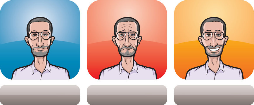 guy in glasses unshaved face three expressions