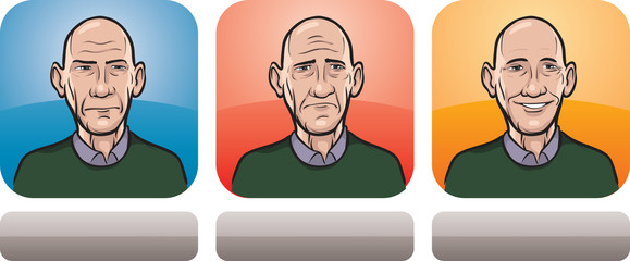 bald man face three expressions