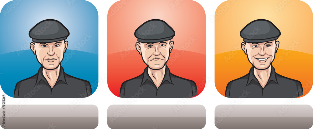 Poster man in cap face three expressions