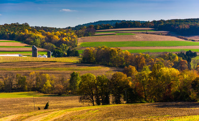 Autumn view of rolling hills in rural York County, Pennsylvania.