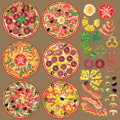 Set of different pizza ingredients. Six types of pizza.