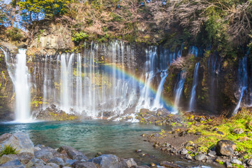 Shiraito no Taki waterfall with rainbow