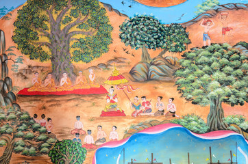 Thai mural painting of Thai Lanna life in the past on temple wal © boonsom