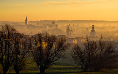 Naklejka premium Town of Krizevci towers in fog