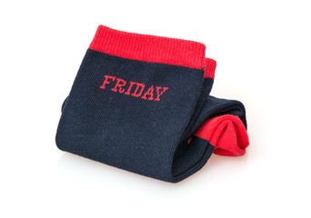 Isolated trendy wool socks with inscription FRIDAY