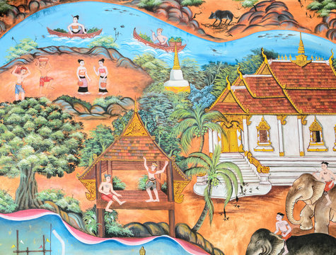 Thai mural painting of Thai Lanna life in the past on temple wal