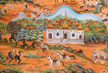 Thai mural painting of Thai Lanna life in the past on temple wal