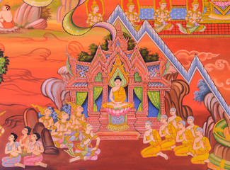 Buddhist temple mural painting (The life of Buddha) on temple wa