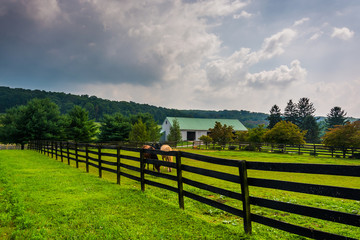 Fototapeta na wymiar Dark clouds over a farm in rural York County, Pennsylvania.