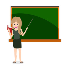 woman teacher at a chalkboard. Holding book and stick.
