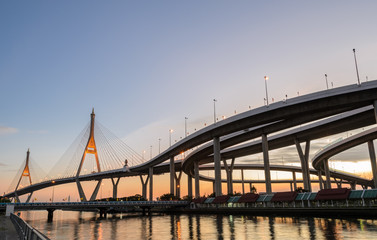 Bhumibol Bridge at sunset in Bangkok, Thailand