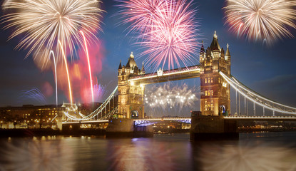 Tower bridge with firework, celebration of the New Year in Londo - obrazy, fototapety, plakaty