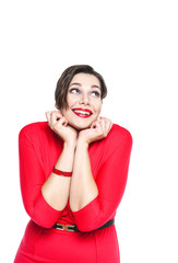 Happy beautiful plus size woman in red dress looking on somethin