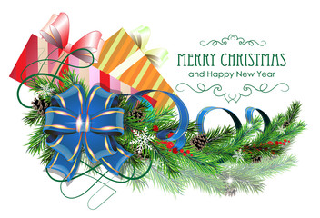 Christmas presents with bow and fir branch