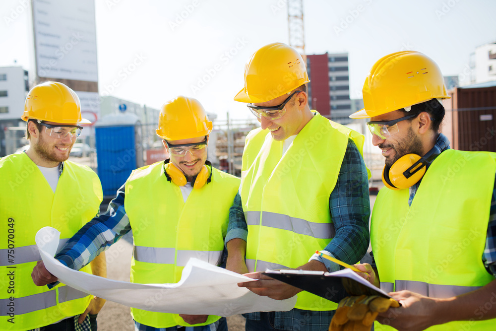 Sticker group of builders with tablet pc and blueprint