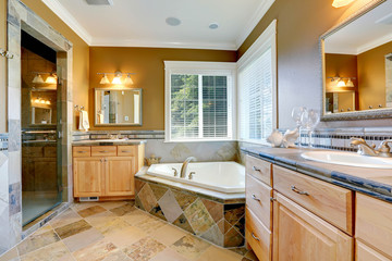 Luxury bathroom interior with corner bath tub