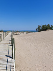 Walkway on the beach. Ebro River Delta.