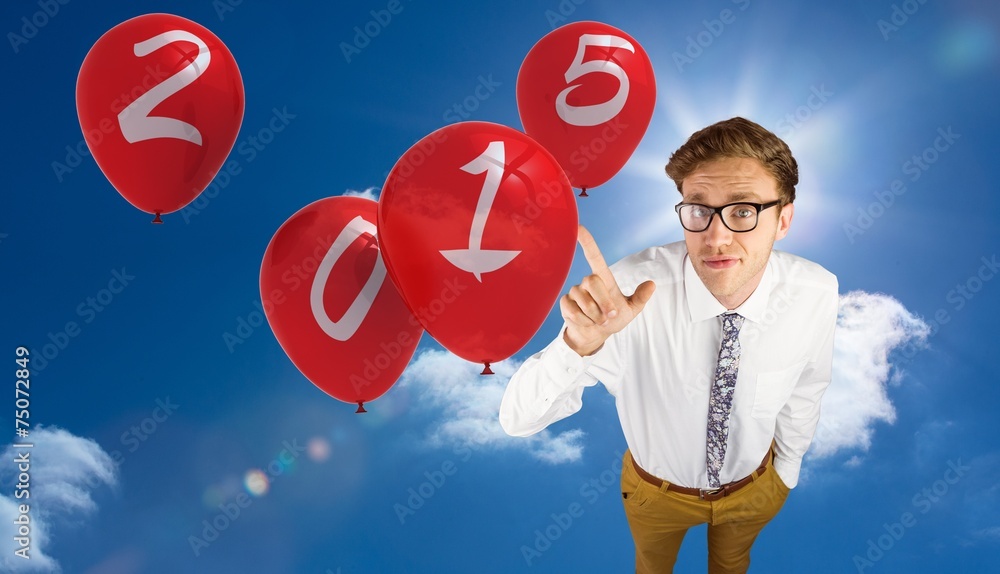 Aufkleber composite image of young geeky businessman pointing to camera