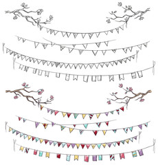 Doodle tree branches and party flags - obrazy, fototapety, plakaty