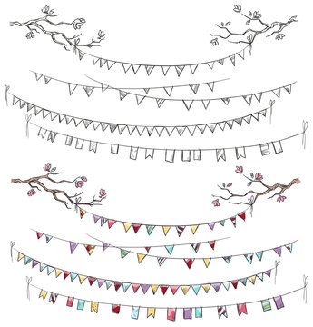 Doodle tree branches and party flags