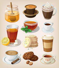 Set of delicious hot drinks: coffee, tea and supplies.