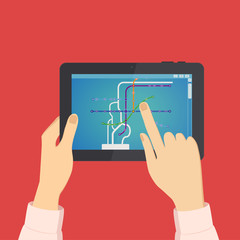Man looks on the tablet metro scheme, vector illustration