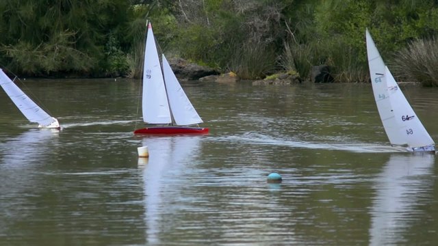 Remote control sailing wooden yachts in a pond