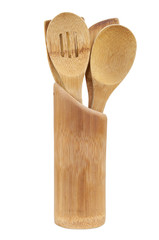 Set of wooden kitchen utensils on white background