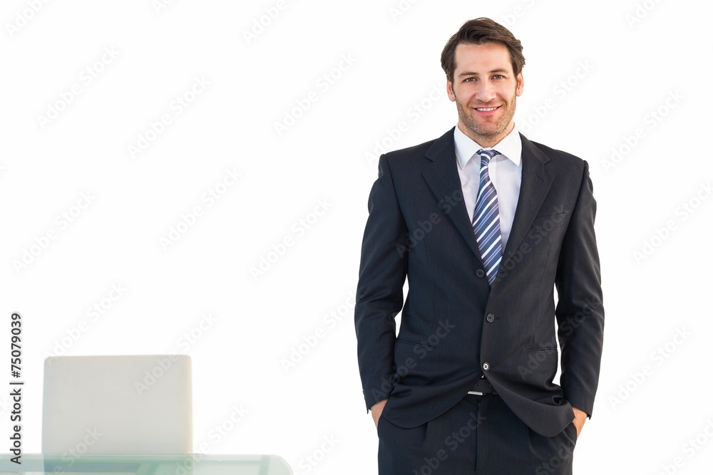 Poster smiling businessman standing with hands in pockets