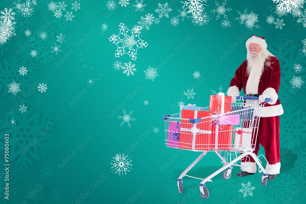 Poster composite image of santa pushes a shopping cart with presents