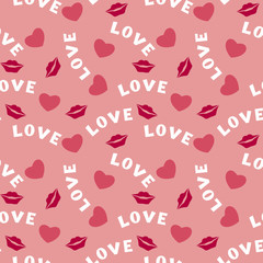 Seamless pattern with hearts lips  and inscription love on pink