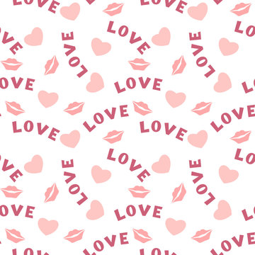 Seamless pattern with hearts lips  and inscription love on white