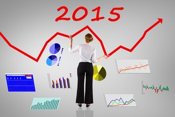 Composite image of businesswoman standing with hands out