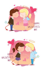 Fototapeta na wymiar Valentine's Day. Girl and boy kisses. Vector illustration