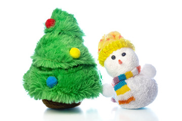 Christmas snowman toy and fir tree