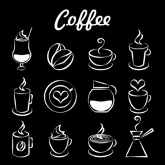 Set of coffee icons on black
