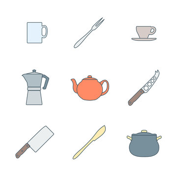 vector colored outline dinnerware tableware utensil icons