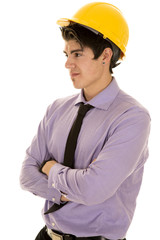 man in purple dress shirt and hard hat arms folded